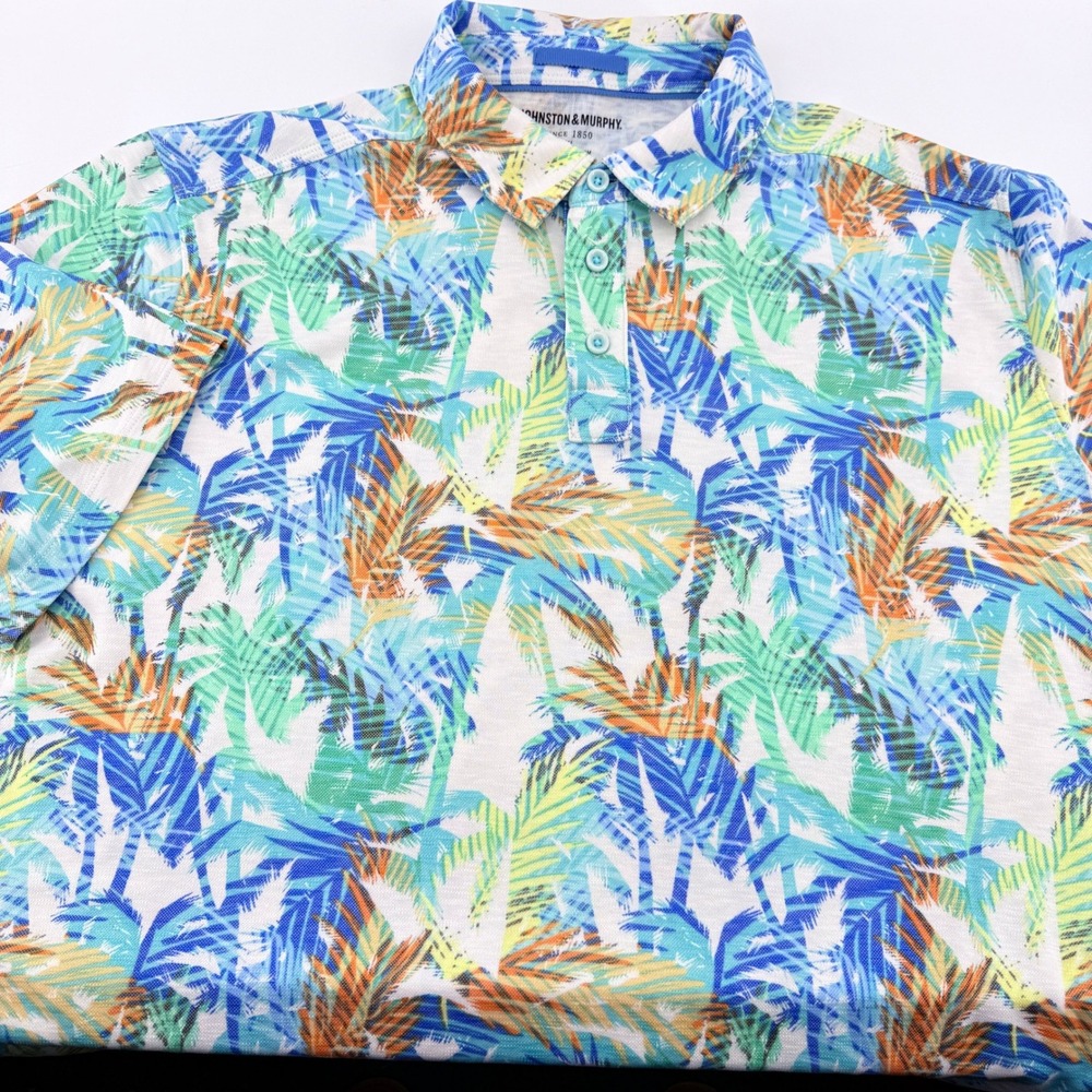 Johnston & Murphy Polo Shirt Mens XL Tropical Palm Print Blue Green Modal Blend